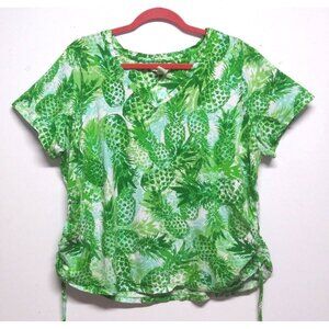 Caribbean Joe Womens Pullover Top Plus 2X Pineapple print green STRETCH cap sle